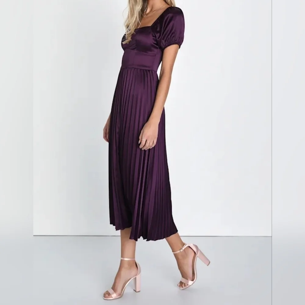 Lulus Flawless Forever Dark Purple Satin Pleated Midi Dress - Picture 4 of 13